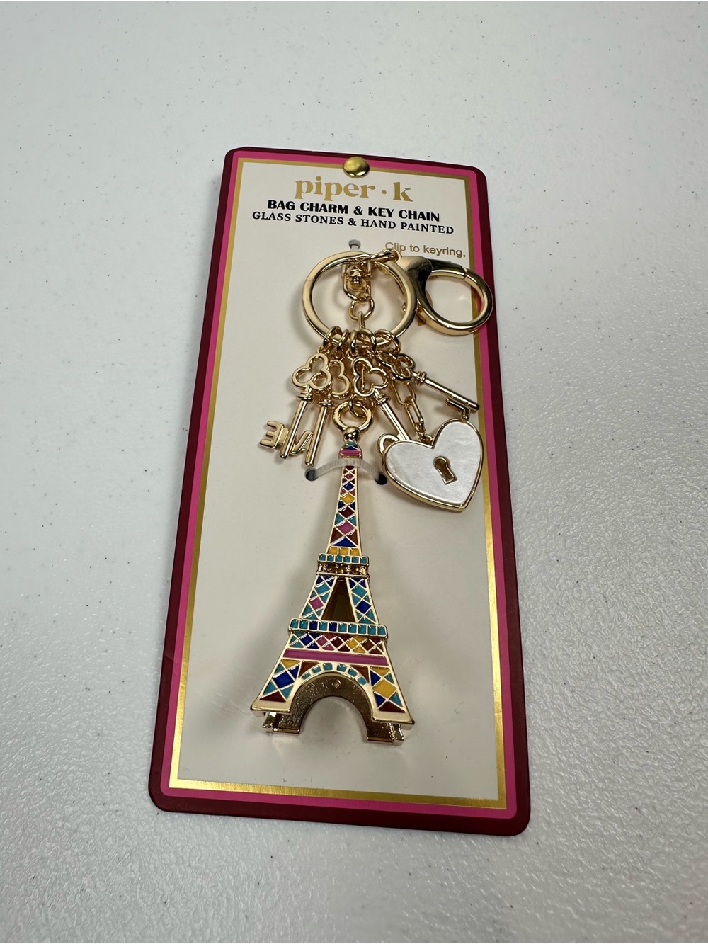 NEW PIPER K PARISIAN DAYDREAM EIFFEL TOWER LOVE HEART GOLD BAG‎ CHARM KEY RING
